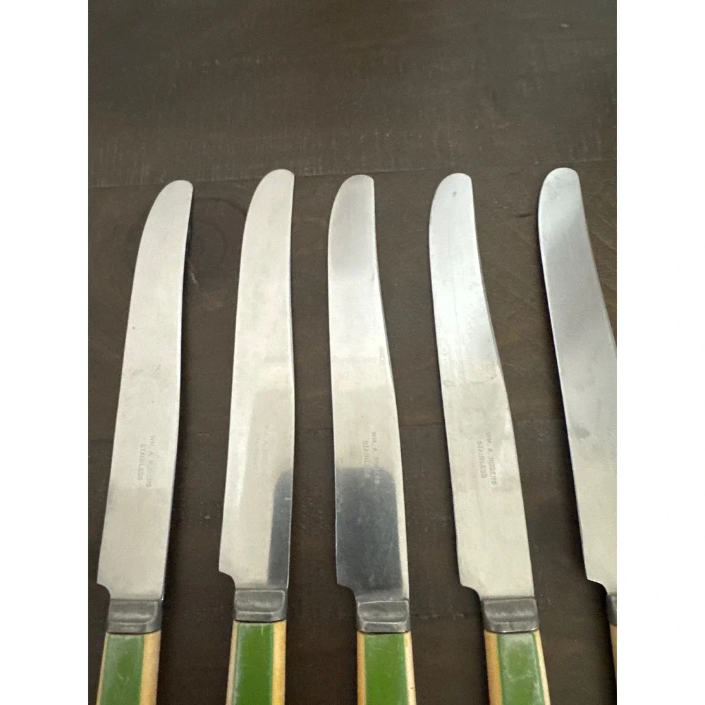 Wm. A. Rogers Vintage Stainless Steel Dinner Knives Green Cream Handle Set of 5